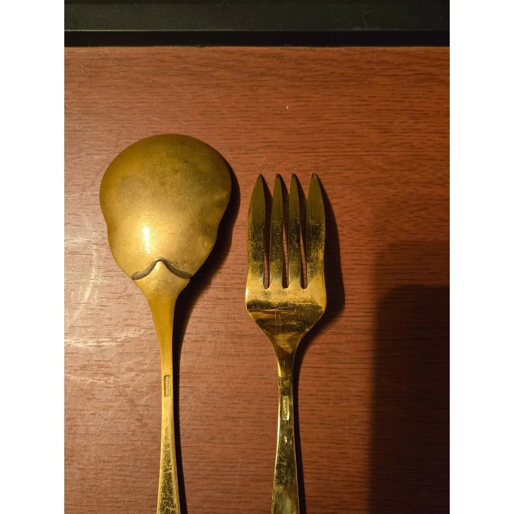 Christofle Vintage Gold‎ Tone Serving Spoon and Fork Set Tarnish Wear